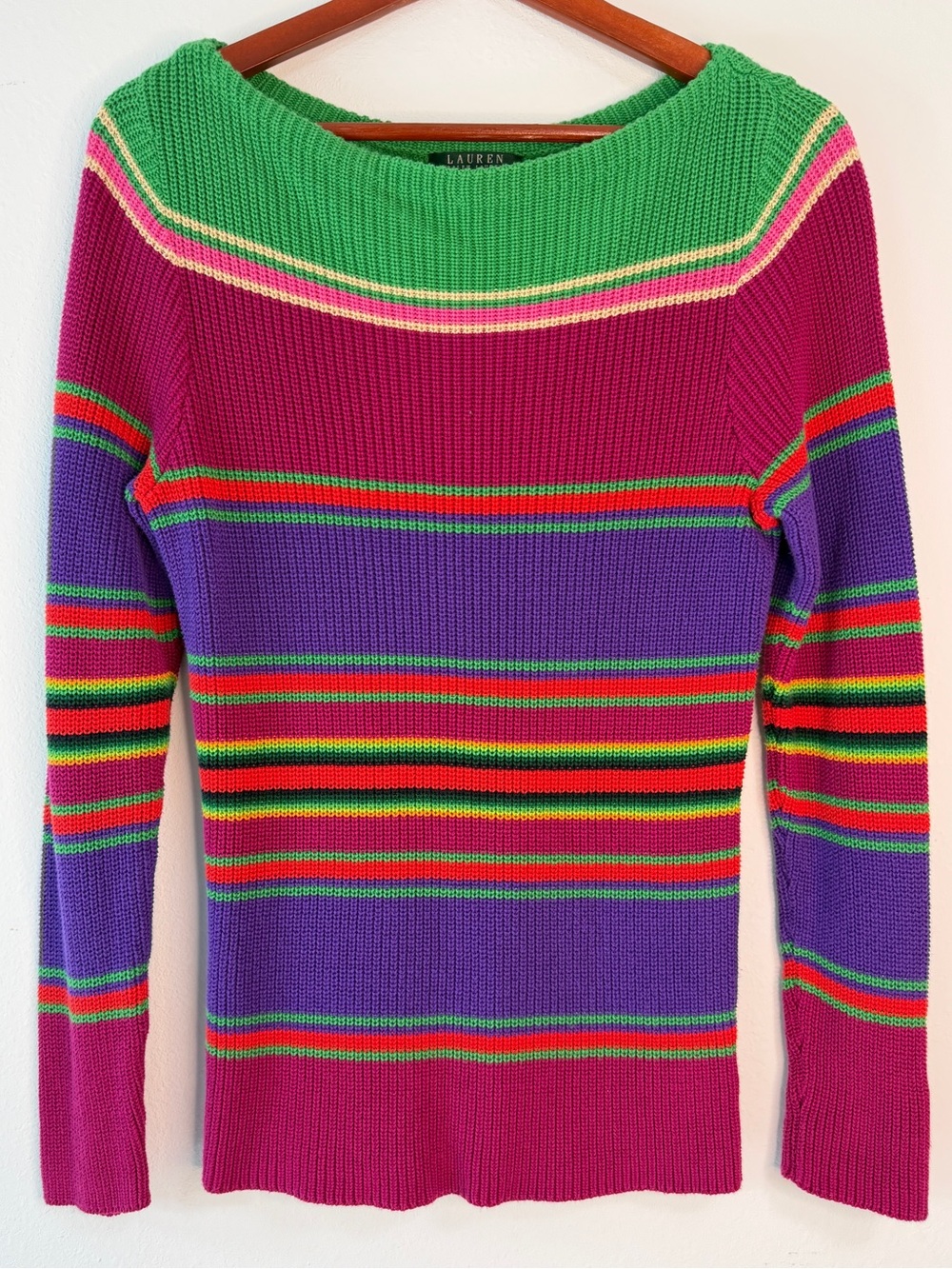 Vintage Y2K 90s Lauren Ralph Lauren Colorful Striped Knit Sweater Boat Neck XL